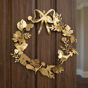 Corona Metálica Dorada con Mariposas y Hojas, Flores Decorativas Hechas a Mano, Estilo Glamuroso, Navidad, Sin Iluminación - Product Image 5