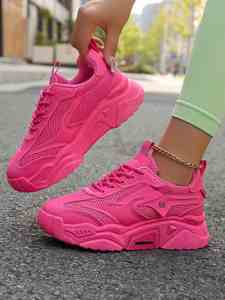 Baskets roses à semelle épaisse pour femmes, collection 2025, respirantes en maille, design patchwork, chaussures de sport quotidiennes toutes saisons - Product Image 4