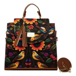 Bolso de compras de yute para mujer Fana Emilia, tamaño mediano, estampado de pájaros y flores, cierre con broche, asa larga para la mano - Product Image 3