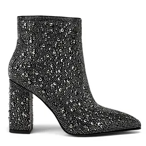 Wholesale New Elegant Pointed Toe Rhinestone Short Boots 9.5cm High Heel Women Shoes Fashion Ankle Boots For Lady