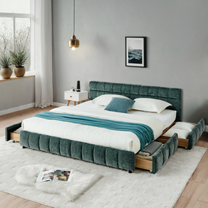 <span class=keywords><strong>Lit</strong></span> capitonné California King Size avec tête de <span class=keywords><strong>lit</strong></span> <span class=keywords><strong>en</strong></span> tissu chenille, cadre de <span class=keywords><strong>lit</strong></span> solide, rangement avec tiroirs - Bleu vert (90,5''x80,5''x31'') - Product Image 1