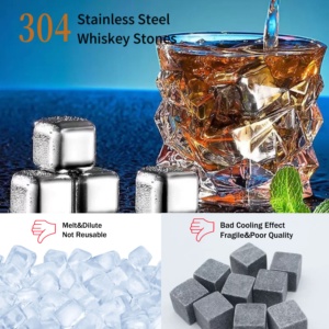 Glaçons réutilisables en acier inoxydable, pierres de refroidissement rondes en métal pour le vin, pierres de refroidissement personnalisées pour le whisky, bar, bière - Product Image 3