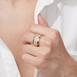 Men's Yellow <b>Gold</b> <b>Cocktail</b> <b>Ring</b> With Round Moissanite Center And Pave Side Stones Geometric Design Classic Style - Product Image 4