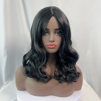Perruque Bob ondulée noire style européen-américain, avec racine des cheveux naturelle, bonnet en maille élastique réglable, en fibre haute température résistante à la chaleur