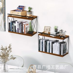 Wooden Wall Mounted <b>Shelf</b> 2 Tier Rectangle Retro Color Multipurpose Home Display <b>Rack</b> For Books Plants Decoration - Product Image 3