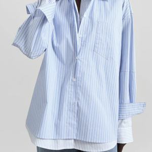 Camisas de Verano Personalizadas de Alta Calidad para Mujer, Manga Larga, Cuello Polo, Holgadas, a Rayas Azules, Blusas Elegantes para Mujer - Product Image 4