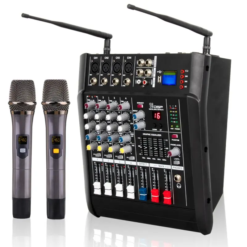 Çift kablosuz mikrofon ile profesyonel USB ses ses kartı mikser, dahili güç amplifikatörü 4 kanal mikser DJ denetleyici