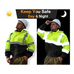 Veiligheidsjas Voor Heren Met Hoge Zichtbaarheid En Waterdichte Zakken Met Rits Op Zwarte Onderkant Klasse 3 Reflecterende Hi-<span class=keywords><strong>Vis</strong></span> Bouwbommenwerper - Product Image 4