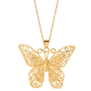 esthetische boho kettingen Suppliers-2021 New real gold plated hollow double layers butterfly stainless steel long pendant necklace for women accessories Wholesale
