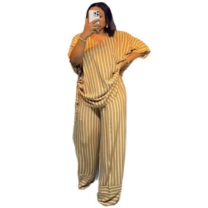 Nouvel ensemble décontracté tissé pour femme, style européen et américain, été 2025, avec haut rayé à col en V et manches courtes, et pantalon large - Product Image 2