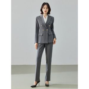 Women's Navy Blue Suit Set Double Breasted Blazer Pants Professional Office Wear Business Interview Attire Full Sleeve Worsted - Product Image 3
