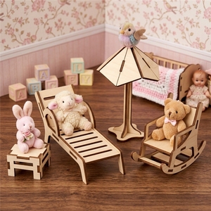 Set di Mobili in Miniatura in <span class=keywords><strong>Legno</strong></span> Naturale per Casa delle Bambole con Sedia a Dondolo, Ombrellone e Tavolino per Scenari in Scala 1:12, Artigianato in <span class=keywords><strong>Legno</strong></span> - Product Image 3