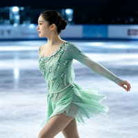 Robe de patinage artistique vert menthe avec strass, dos nu, manches longues, en maille, costume de compétition de patinage sur glace, personnalisé pour filles et femmes