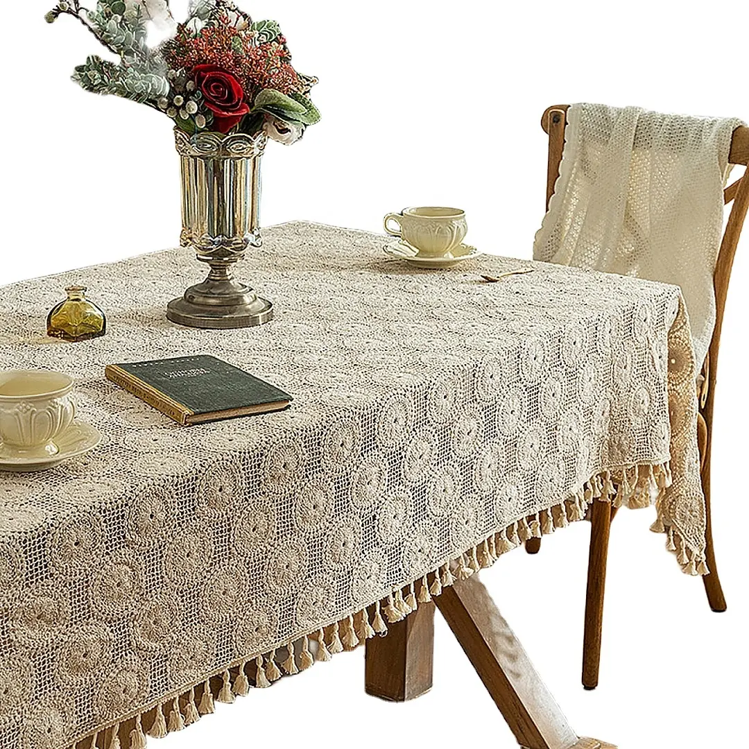 Rectangular Beige Embroidered Crochet Cotton Tablecloth with Tassels Boho Stripe Geometric Lace Design-C Table Cloth Cover