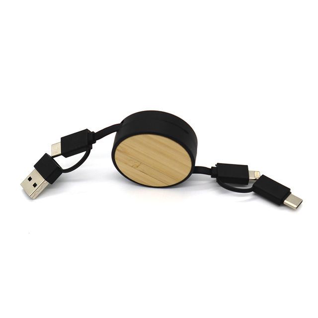 Promotional 3-in-1 USB Charging Cable Retractable Bamboo ABS Design With USB-C Port