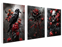 Lot de 3 tableaux muraux Raven Red Rose Skull, toile encadrée, style gothique sombre et effrayant, pour décoration d'intérieur, chambre, Halloween, thème horreur