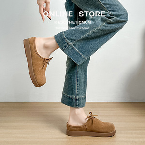 Mules plates en cuir véritable à bout fermé avec nœud, chaussures d'été pour femmes, semelle souple, confortables - Product Image 4