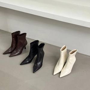 Bottines à talons aiguilles pointues style français pour femmes, en cuir marron, avec fermeture éclair, pour l'automne et l'hiver, coupe ajustée - Product Image 2