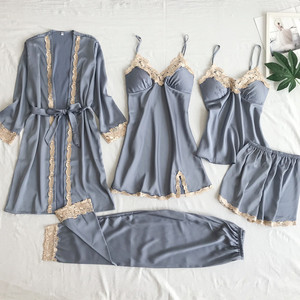 Ensemble de lingerie en satin sexy à cinq pièces, couleur bordeaux, vêtements de nuit pour femmes, vêtements de maison - Product Image 3