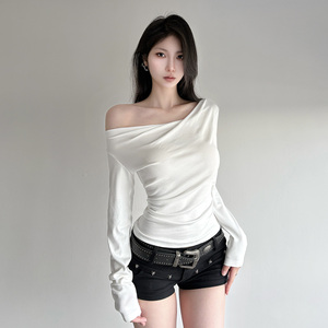 T-shirt en tricot asymétrique à épaules dénudées sexy pour femmes, couleur unie, col châle, coupe ajustée, style européen américain - Product Image 2