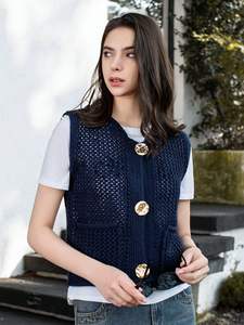 Femmes Crochet gros tricot pull <span class=keywords><strong>gilet</strong></span> décontracté sans manches boutonné <span class=keywords><strong>gilet</strong></span> hauts recadrée Cardigan chandails avec poches taille libre - Product Image 5