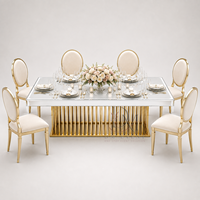 Table de salle à manger rectangulaire de luxe en acier inoxydable avec plateau miroir et piétement à lattes pour événements et banquets
