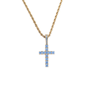 Classic Small Solid Blue CZ <b>Cross</b> Pendant Necklace, Men's Hip Hop Sea Blue Zirconia Jewelry - Product Image 4
