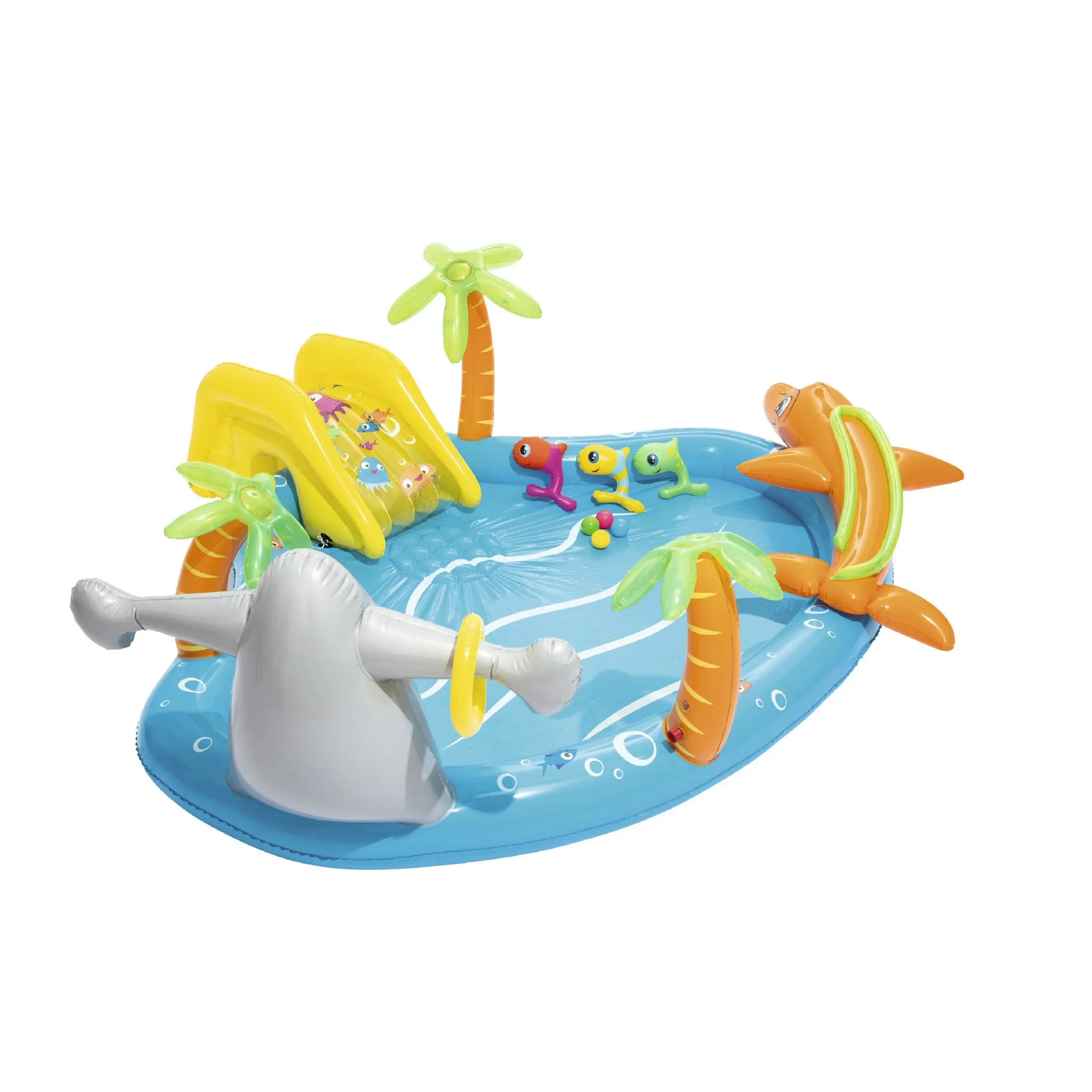 Piscina de bolas marina inflable interesante bonita con tobogán y bola rociador de agua automático niños juegan en piscina inflable de agua