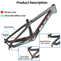 Cadre de VTT en carbone BXT T1000 compatible avec système de fixation rapide 135x9mm/axe traversant 142x12mm 20er/24er, compatible avec pneus jusqu'à 2.25.
