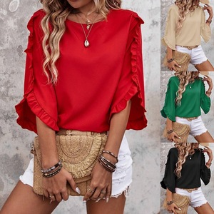 Blusa 2025 <span class=keywords><strong>donna</strong></span> <span class=keywords><strong>donna</strong></span> semplice tinta unita a maniche corte - Product Image 2