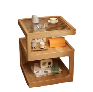 Wholesale Modern Z-Shape Solid Wood <b>Side</b> <b>Table</b> with Fluted Glass <b>Top</b> | 3-Tier Sofa End <b>Table</b> Indian Supplier - Product Image 1