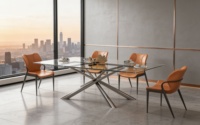 Table à manger en forme de L avec cadre en chrome italien et fumé, plateau en verre transparent, pieds en acier carbone, base en métal géométrique turque