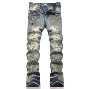 Pantalones Vaqueros Vintage Estilo Punk, Ajustados, Rectos y Acampanados, con Parches de Cristal, Denim Casual para Otoño, Invierno y Verano, Lavado Medio - Product Image 2