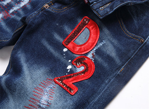 <span class=keywords><strong>Jeans</strong></span> Slim da Uomo a Vita Media Blu Strappati con Patch Ricamate Stile Gotico Vintage Hip Hop con Motivi Leopardati e Rivetti a Diamante per l'Inverno - Product Image 5