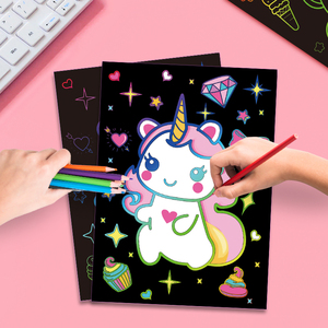 Libro de actividades para colorear de unicornio mágico para niños, juegos de Arte de plantilla de papel para rascar, 9 piezas, tarjetas de arte para rascar de arcoíris mágico - Product Image 4