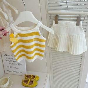 Girls Striped Knitted Vest And Pleated Skirt Set Yellow Cotton Summer Outfit For Children - Product Image 2