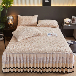 Ensemble de jupe de lit en taffetas épais avec dentelle, pour lit simple, garnissage en polyester, style uni, couleur unie, pour la maison - Product Image 6