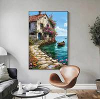 Tableau mural sur toile de maison côtière moderne, impression HD de paysage marin de villa rustique en pierre, encadré pour la décoration du salon