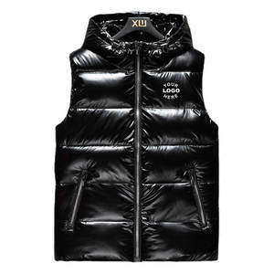 Custom Logo Men's Hooded Winter Vest Black Polyester Windproof Zipper Front Pockets Casual Outerwear - Product Image 1