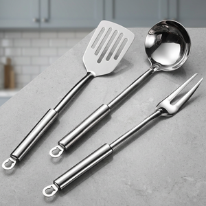 Lot de 3 ustensiles de camping et de voyage en acier inoxydable 201 résistant à la chaleur : petite pelle à manche plat, cuillère à soupe et fourchette à viande - Product Image 3