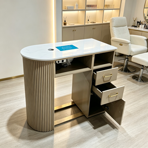 Table de manucure double poste avec aspirateur de poussière, plateau en pierre blanche, panneau cannelé, pour salon de beauté et spa des ongles - Product Image 1