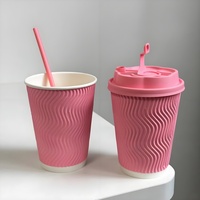 Gobelets en papier jetables ondulation rose personnalisables Matériau kraft écologique Tailles 4 oz à 16 oz pour le café et le vin