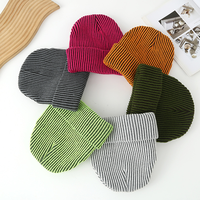 Bonnet d'hiver décontracté chaud en tricot côtelé à rayures verticales bicolores, avec revers pliables et broderie personnalisée, vente en gros OEM