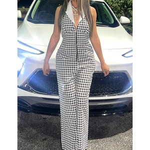 Sexy Backless Hollowed Out Loose Waist Shirt Collar Zipper Plaid Models Wide Legged <b>Pants</b> Women's Jumpsuit Fashion - Product Image 2