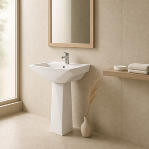 Lavabo quadrato autoportante <span class=keywords><strong>con</strong></span> base divisa e design smussato a taglio diamantato, lavabo moderno in ceramica per <span class=keywords><strong>bagno</strong></span>, lavabo da terra - Product Image 1