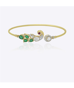 Pulsera/Brazalete Elegante Hecho a Mano en Oro de 9K Inspirado en el Templo del Patrimonio Real Peacock Crest, con Incrustaciones de Polki para Mujer - Product Image 1