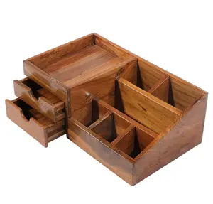 Custom DIY Wooden Table Organizer with Two Drawer and 7 Slot Desk Wood Desk Organizer