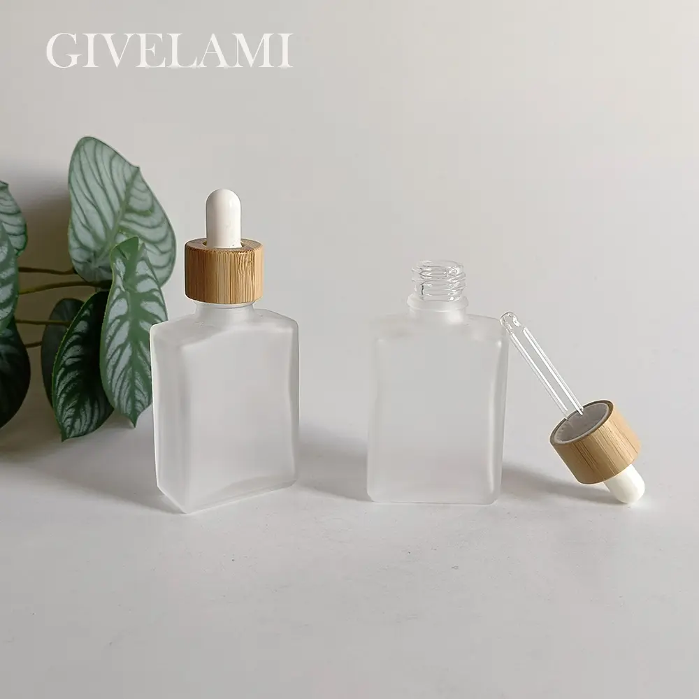 Hot Selling 30ml 50ml 100ml Square Frosted Glass Essential Oil Glass Dropper Bottle With Bamboo Lid For Cosmetic Packaging