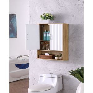 <b>Adjustable</b> White Natural Wood Bathroom Wall Cabinet with Double Door & Bottom <b>Shelf</b> Wavy Patterned Doors Easy Installation - Product Image 1