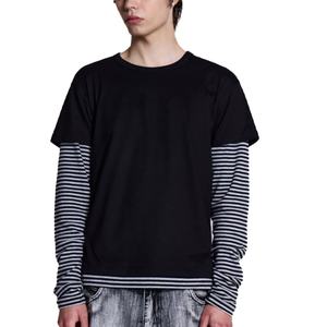 Custom Soft Lightweight 100% Cotton Jersey Unisex <b>Stripe</b> <b>Long</b> <b>Sleeve</b> <b>T</b>-<b>shirt</b> Custom Screen Printing Men's Mock Double Layer Tee - Product Image 1